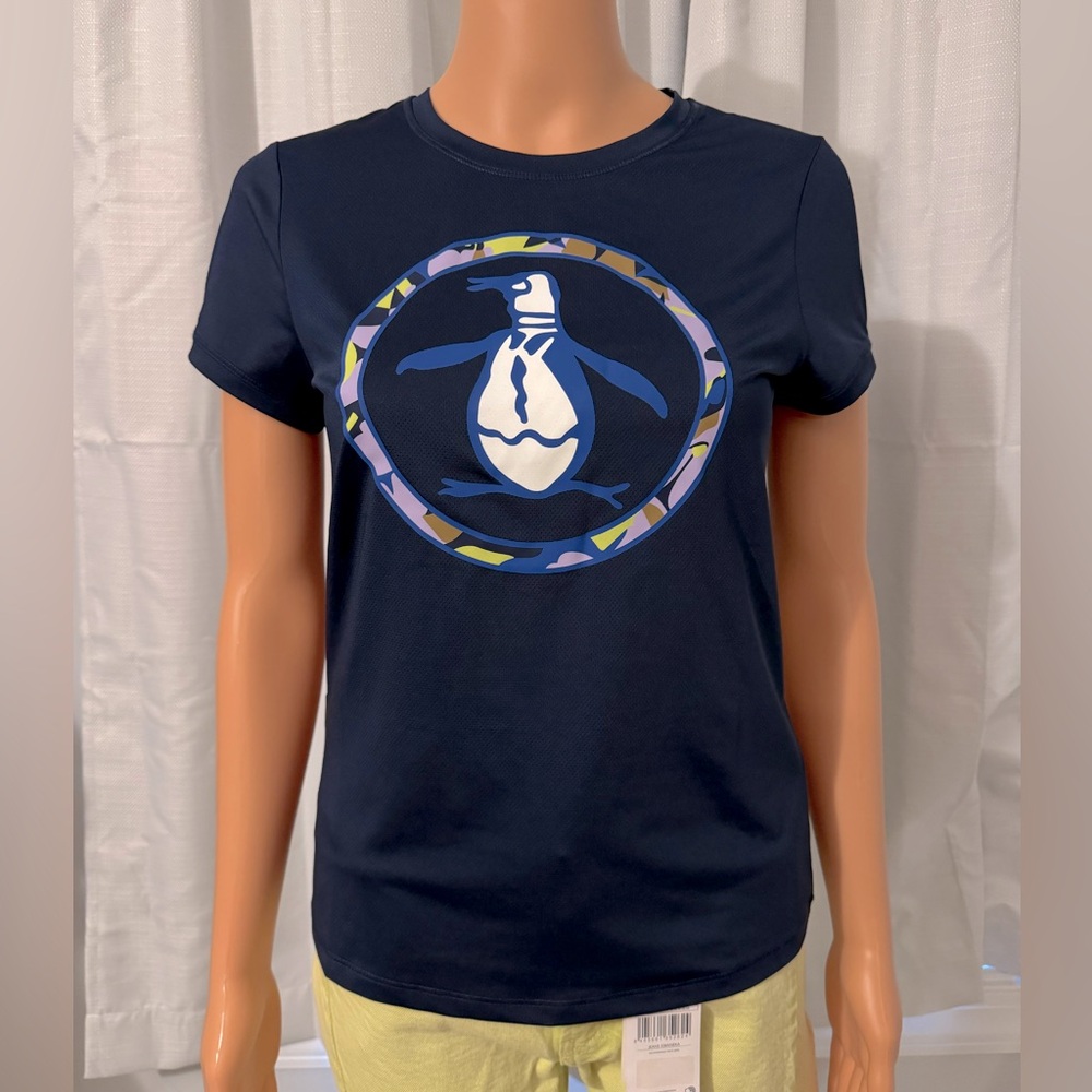 Great Original Penguin size SP navy blue short sleeve wicking logo shirt